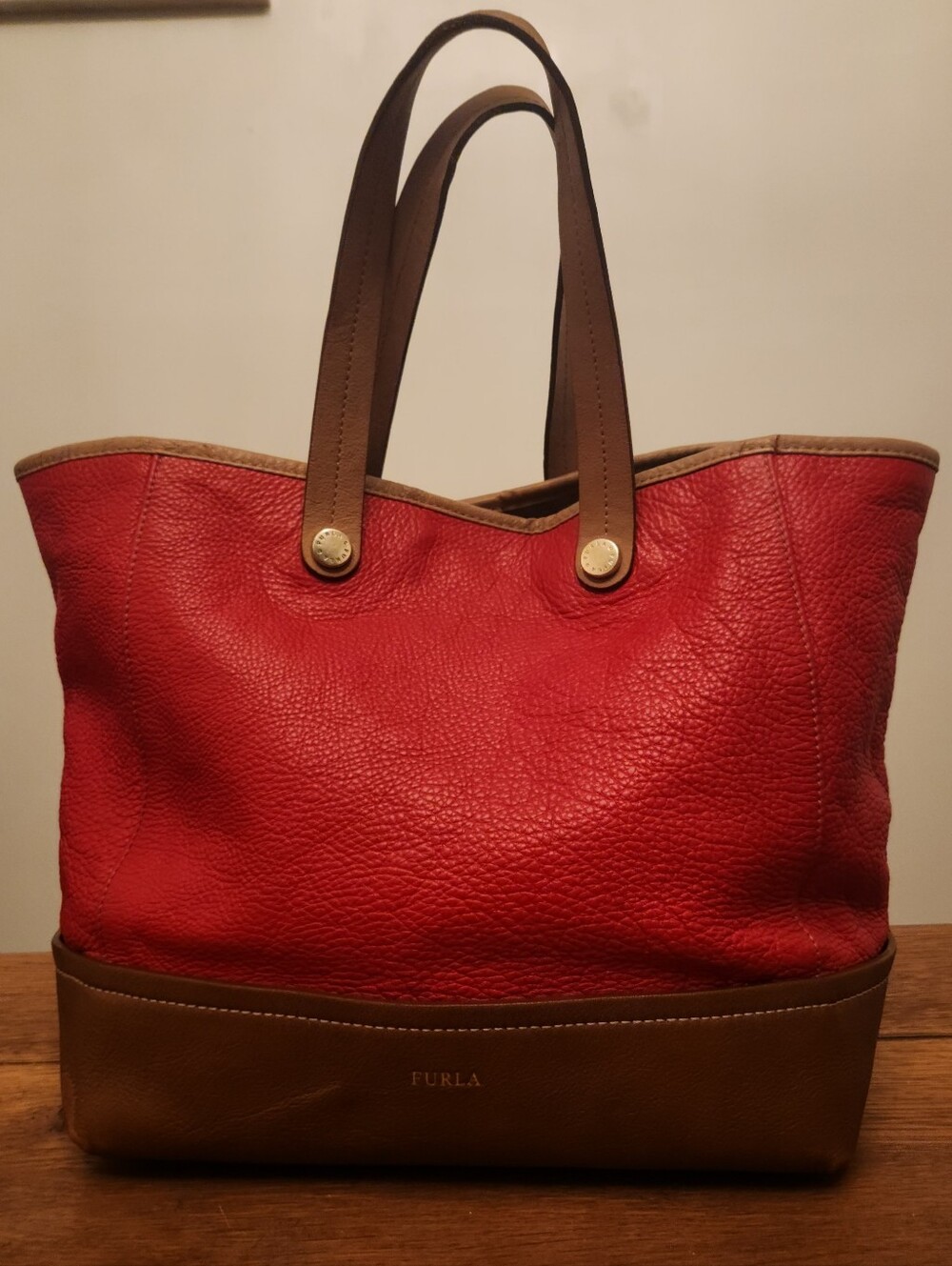 Furla GORGEOUS Red Brown Leather Tote Colorblock Must See ALL Pics!!
